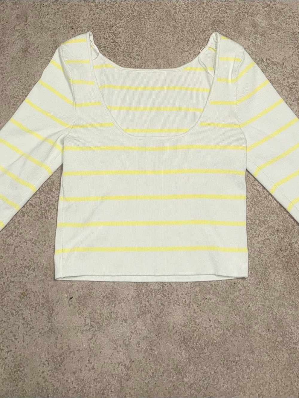 Zara White Long-Sleeve Scoop Neck Top with Pale Yellow Stripes